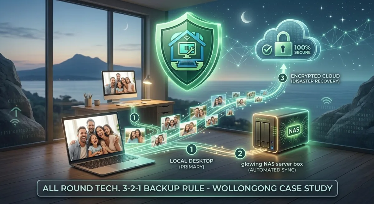 A visual breakdown of the 3-2-1 backup rule, showing photos stored on a PC, a local NAS, and an encrypted cloud server, protected by the All Round Tech shield.