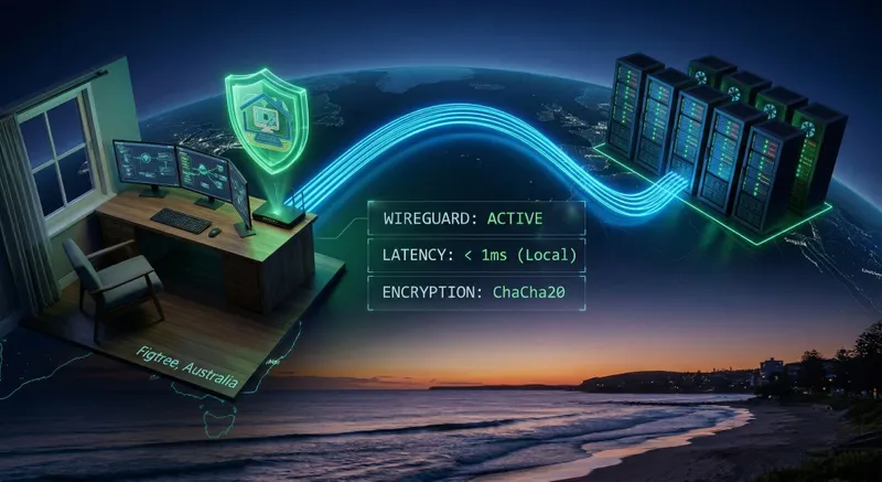 A logical network diagram showing an encrypted WireGuard tunnel connecting a home office in Figtree to a global corporate infrastructure with real-time performance metrics.