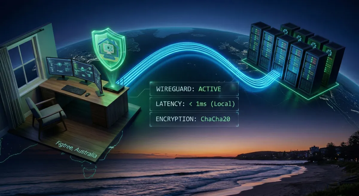 A logical network diagram showing an encrypted WireGuard tunnel connecting a home office in Figtree to a global corporate infrastructure with real-time performance metrics.