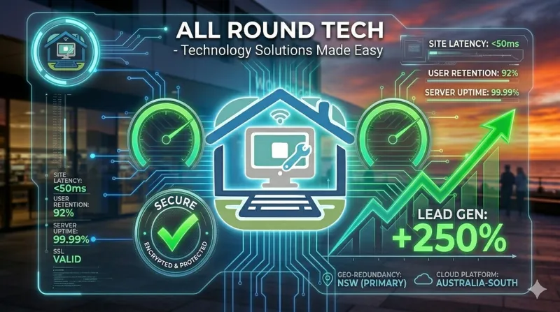 A high-tech SRE dashboard overlaying a modern Australian storefront, showing a 100/100 Google PageSpeed score and a massive spike in customer inquiries.