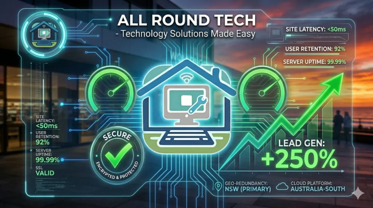 A high-tech SRE dashboard overlaying a modern Australian storefront, showing a 100/100 Google PageSpeed score and a massive spike in customer inquiries.