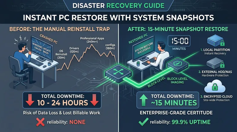A digital timer showing 15 minutes next to a secure PC system backup shield, representing fast disaster recovery.