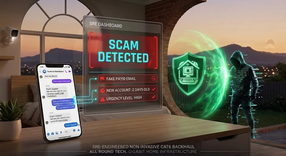 A high-tech SRE-style visualization of a Facebook Marketplace transaction, with an AR dashboard flagging a 'PayID Upgrade' request as a 100% scam attempt.