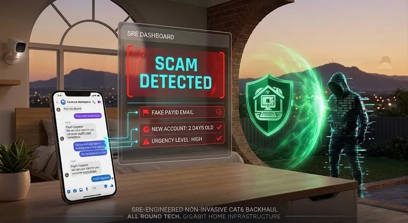 A high-tech SRE-style visualization of a Facebook Marketplace transaction, with an AR dashboard flagging a 'PayID Upgrade' request as a 100% scam attempt.