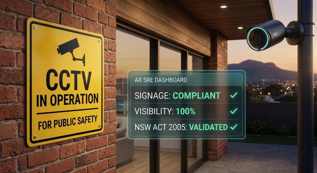 A high-visibility compliant security warning sign in front of a modern Wollongong storefront, with an SRE-style overlay highlighting the NSW Privacy Act requirements.