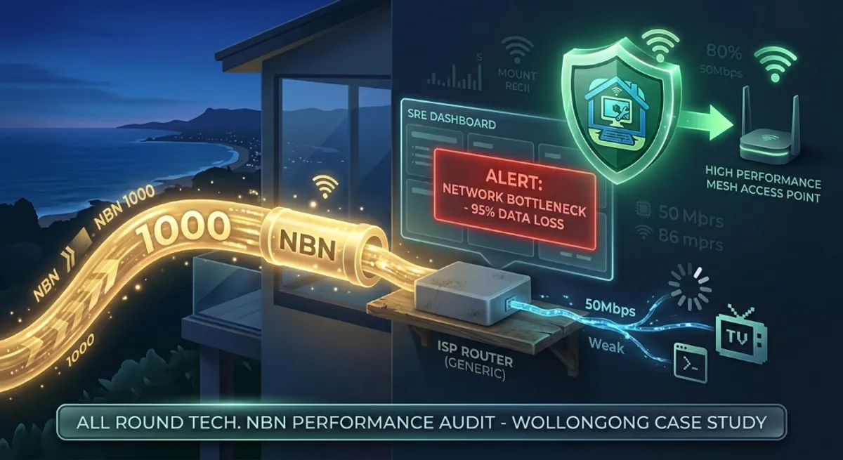 A speedometer showing 1000Mbps throttled by a generic router in a Wollongong home.