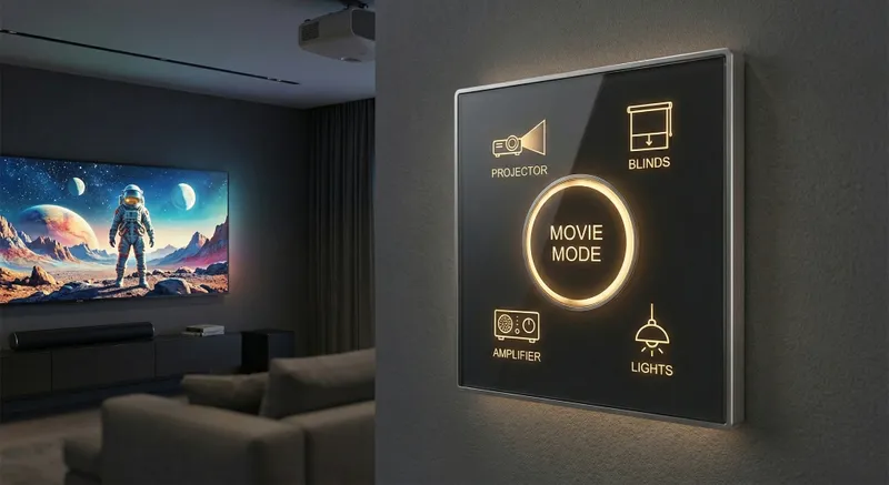 A sleek smart home panel showing a glowing 'MOVIE MODE' button in a Wollongong home.