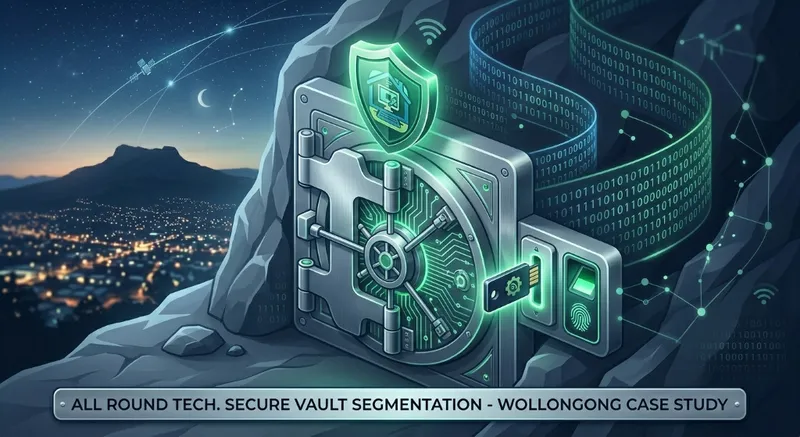 A secure digital vault being locked by a physical security key, with the All Round Tech logo shield protecting the access.