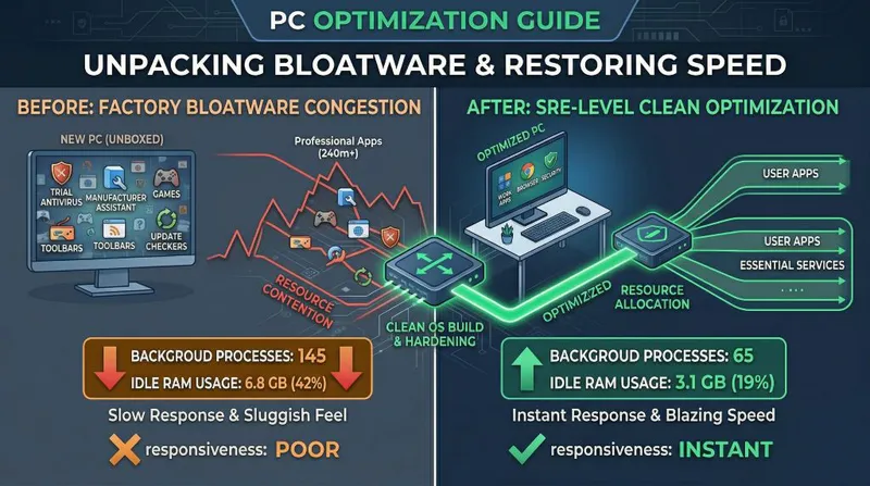 A comparison of a congested factory PC vs. an SRE-optimised streamlined system.