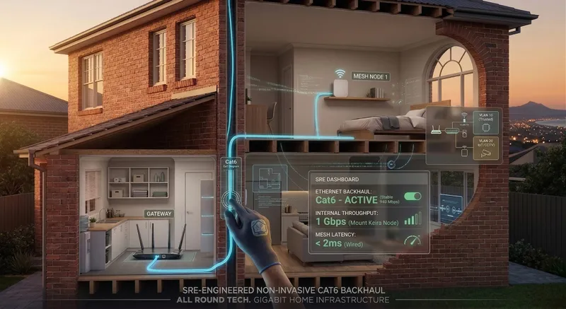 A cross-section of a double-brick Wollongong home showing a hidden Cat6 cable running through a wall cavity, connecting two high-speed Mesh nodes.