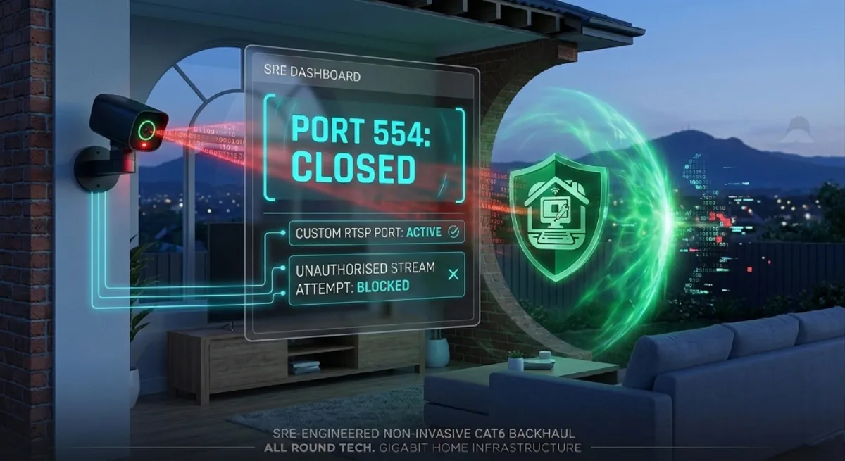 An SRE-style visualization showing a network scan attempt being blocked at a custom RTSP port, with an AR dashboard indicating 'UNAUTHORISED ACCESS REJECTED'.
