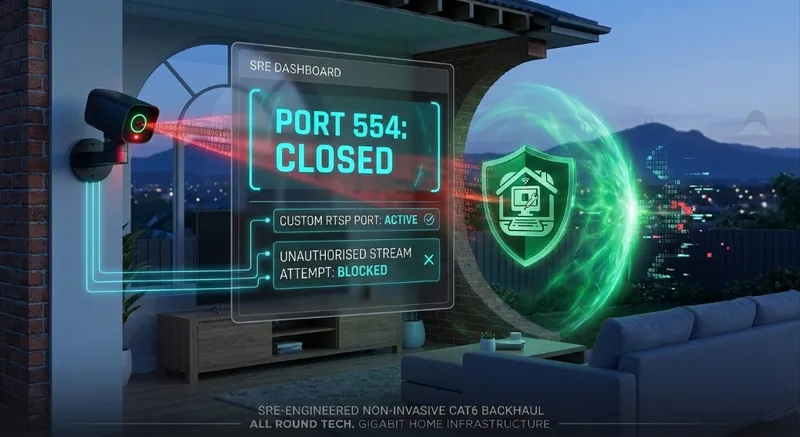 An SRE-style visualization showing a network scan attempt being blocked at a custom RTSP port, with an AR dashboard indicating 'UNAUTHORISED ACCESS REJECTED'.