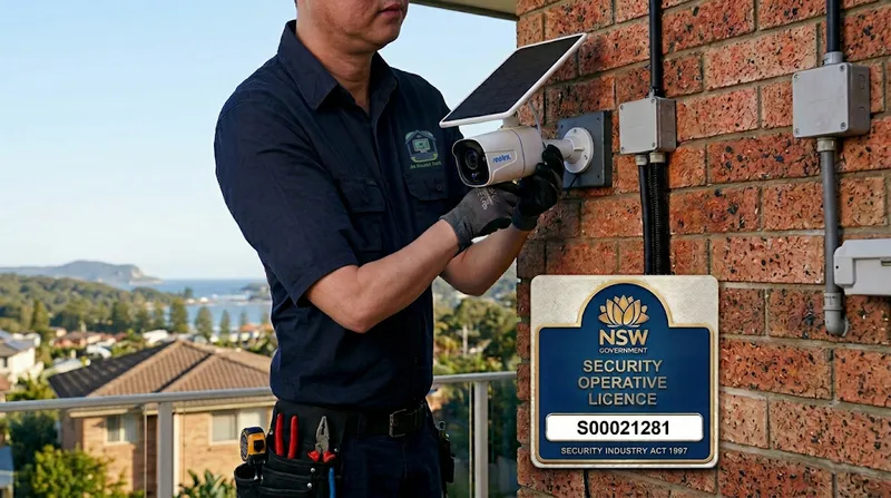 A professional security camera installation with the NSW Master Security Licence logo.