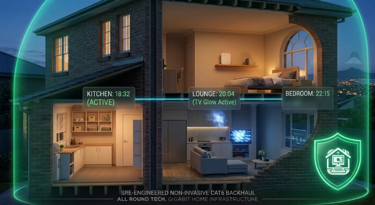 A twilight view of a modern Mount Keira home with smart lighting active, showing a logical SRE-style timeline of lights turning on and off in different rooms to mimic occupancy.
