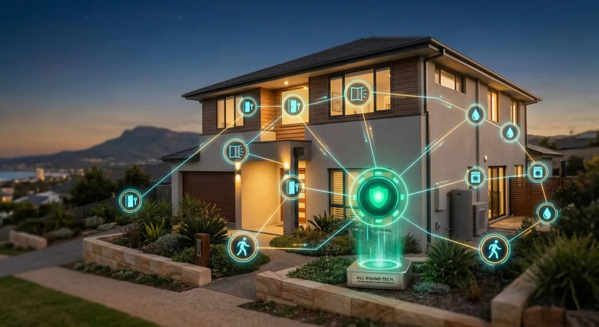 A secure Wollongong home with a stylized network of door, window, and motion sensors.