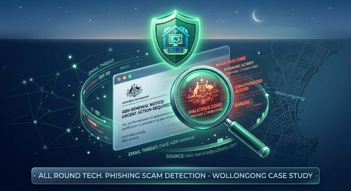 A magnifying glass inspecting a suspicious ATO email, protected by the All Round Tech security shield.