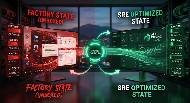 A visualisation showing a slow, congested PC interface transforming into a streamlined, SRE-optimised dashboard, with performance metrics jumping from red to green.