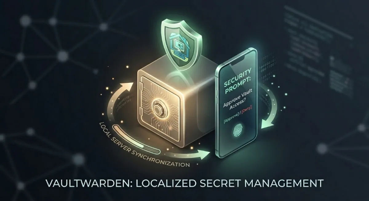A secure digital vault icon with a Shield and a 2FA prompt, showing local server synchronization.