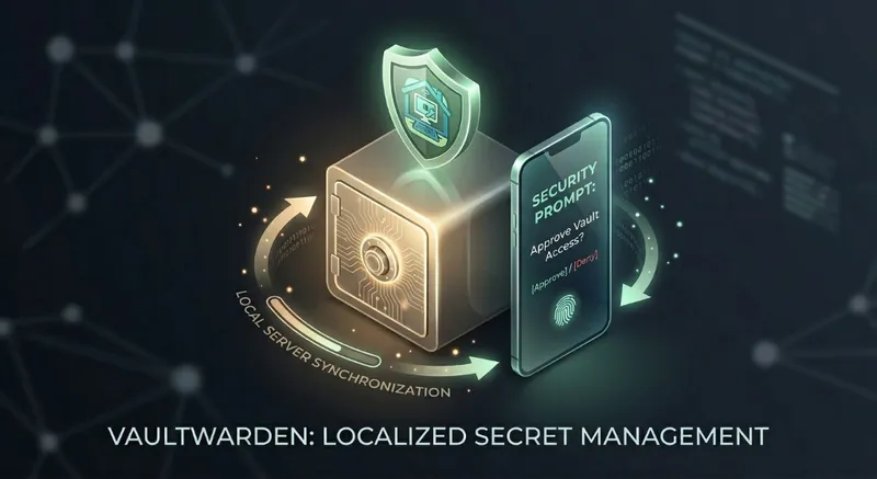 A secure digital vault icon with a Shield and a 2FA prompt, showing local server synchronization.