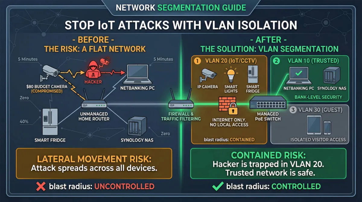 Network diagram showing VLAN isolation between IoT devices and secure workstations in an SRE-managed home.