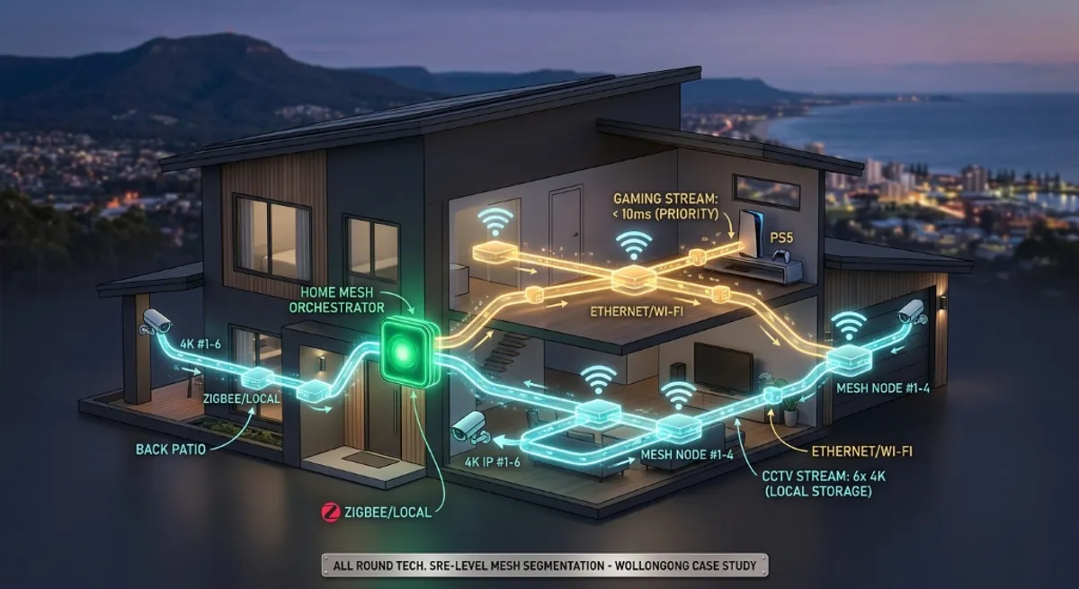 A stylized network map of a two-storey Wollongong home, showing separate data lanes for 4K cameras and a gaming console connected via Mesh nodes.